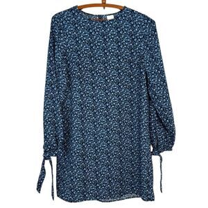 H&M Floral Tunic Shift Dress Long Tie Sleeves Blue Size 4